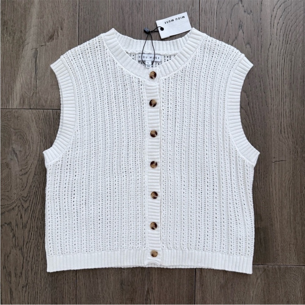 NWT Miou Muse White Cotton Crochet Button Front Tank Sleeveless Vest Large